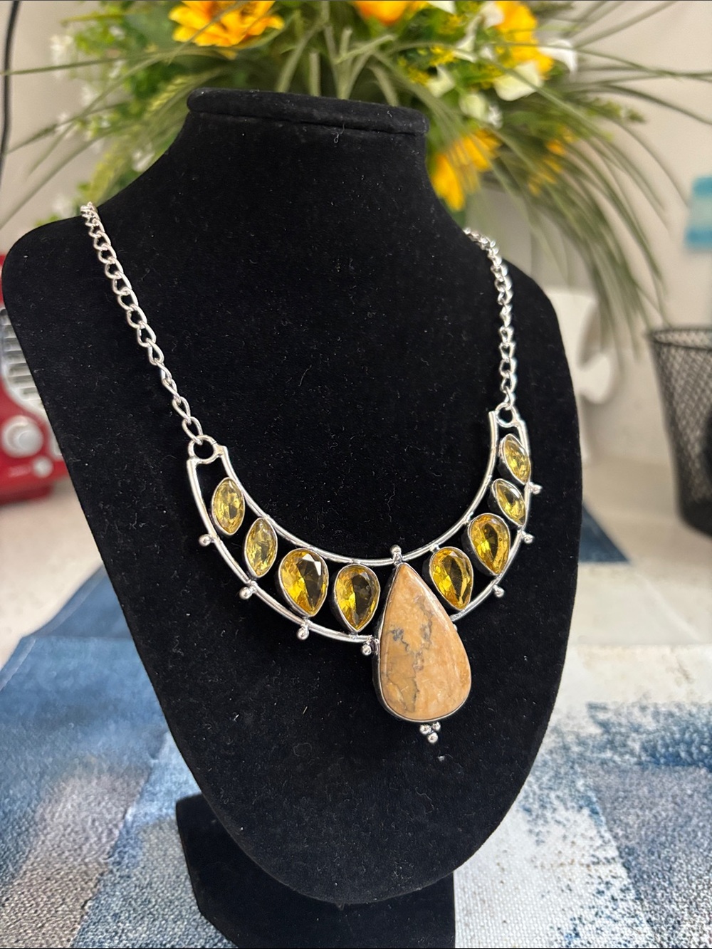 Sterling Silver Dendrite Opal Citrine Gemstone Necklace. - Picture 2 of 8